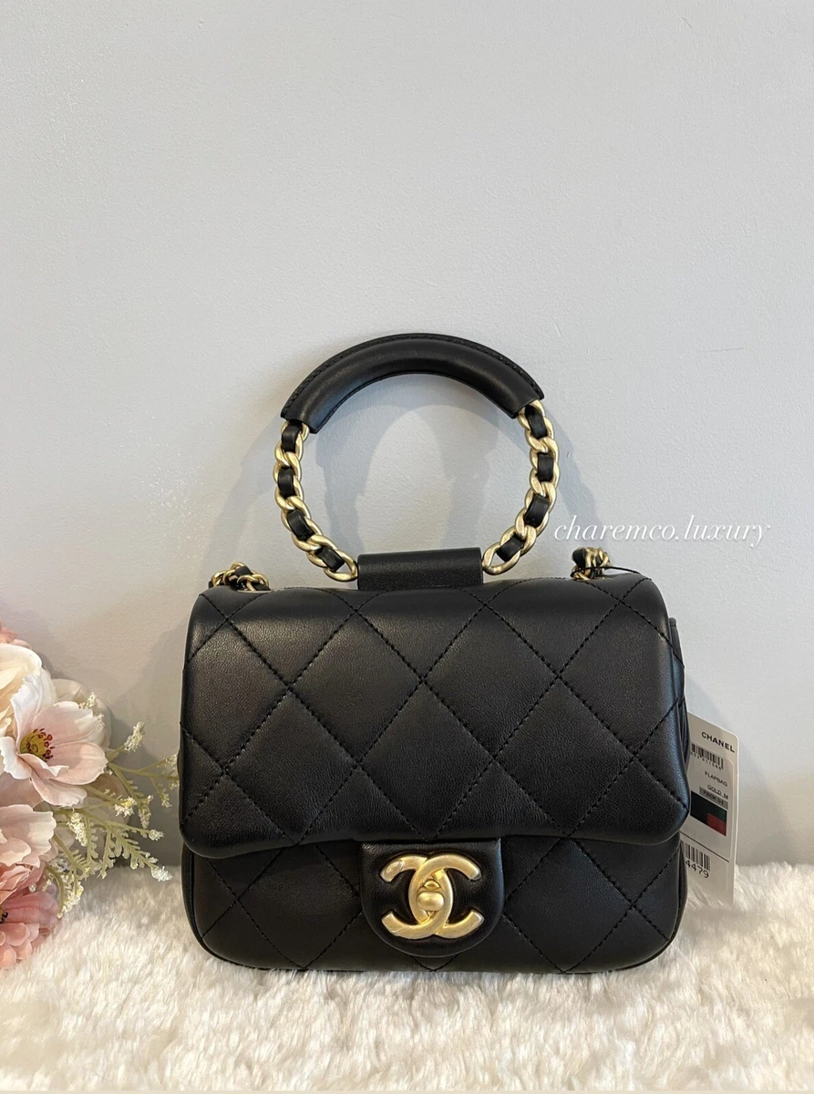 100% AUTH🦄 NWT 2020 20C CHANEL Black Circular Handle Mini Square Flap GHW  Bag