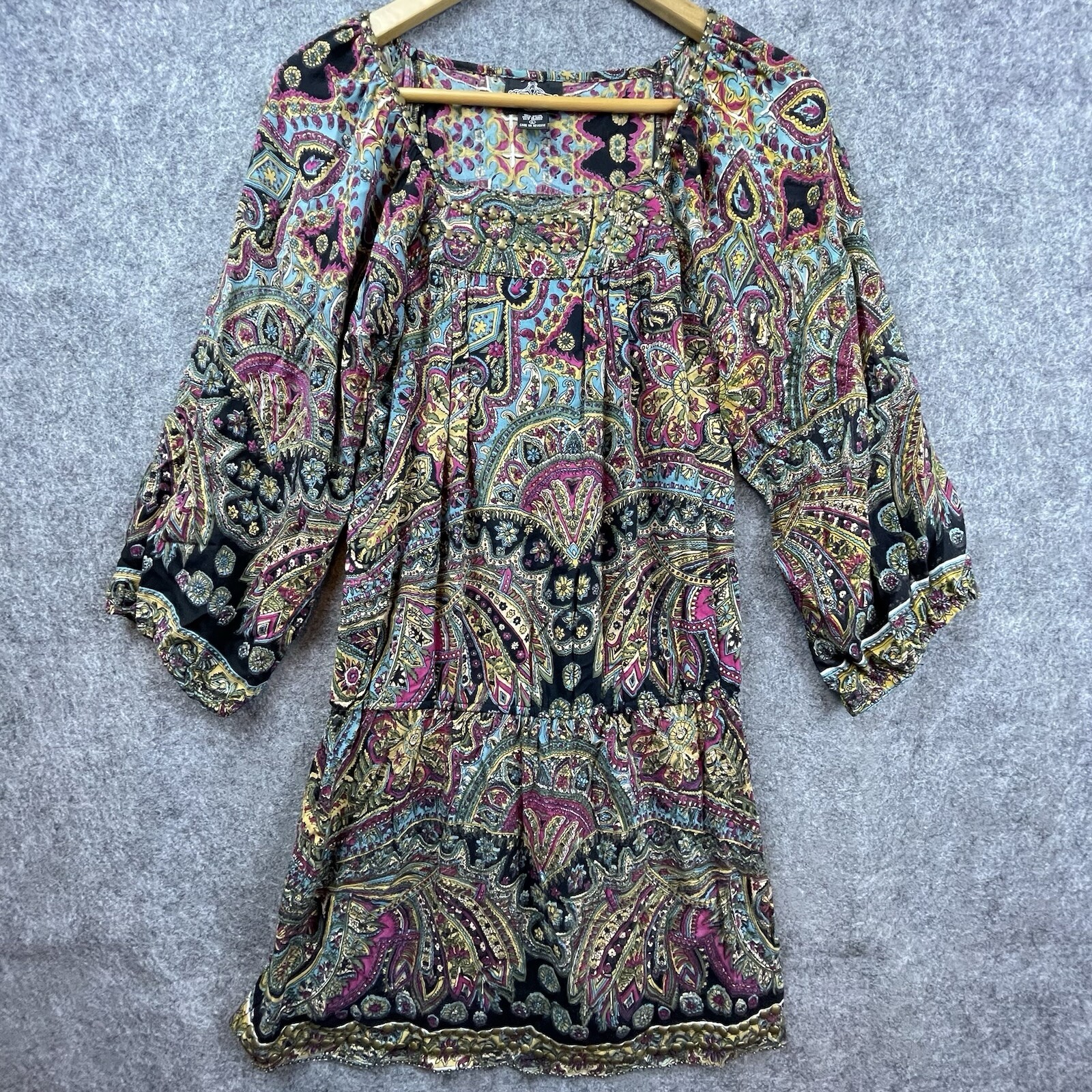 Colorful Boho Drop Waist Studded Hippie Flowy Festival Dress Angie Large