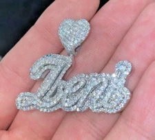 GIFT 925 Silver MENS Simulated Diamond Custom Name Heart Loop Cage Back Pendant