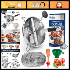 Stainless Steel Food Mill with 3 Discs, Ergonomic Rotary Design for Sauces & Jam