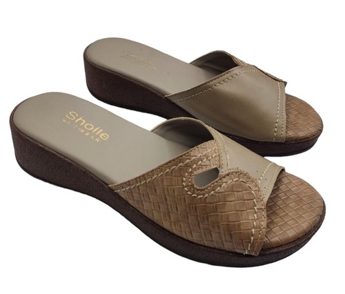 Sholle Damen-Slipper offene Zehenpartie niedriger Keilabsatz braun UK-Größe 4 neu kostenloser Versand