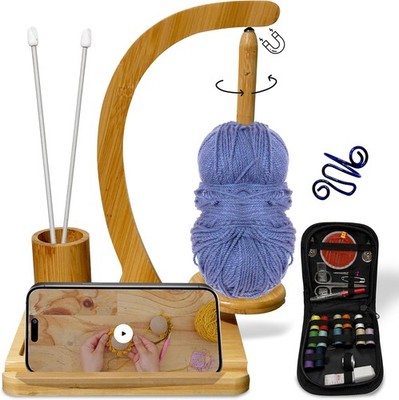 Wooden Yarn Holder with Sewing Kit & Crochet Ring   Portable Yarn Spinner for Cr