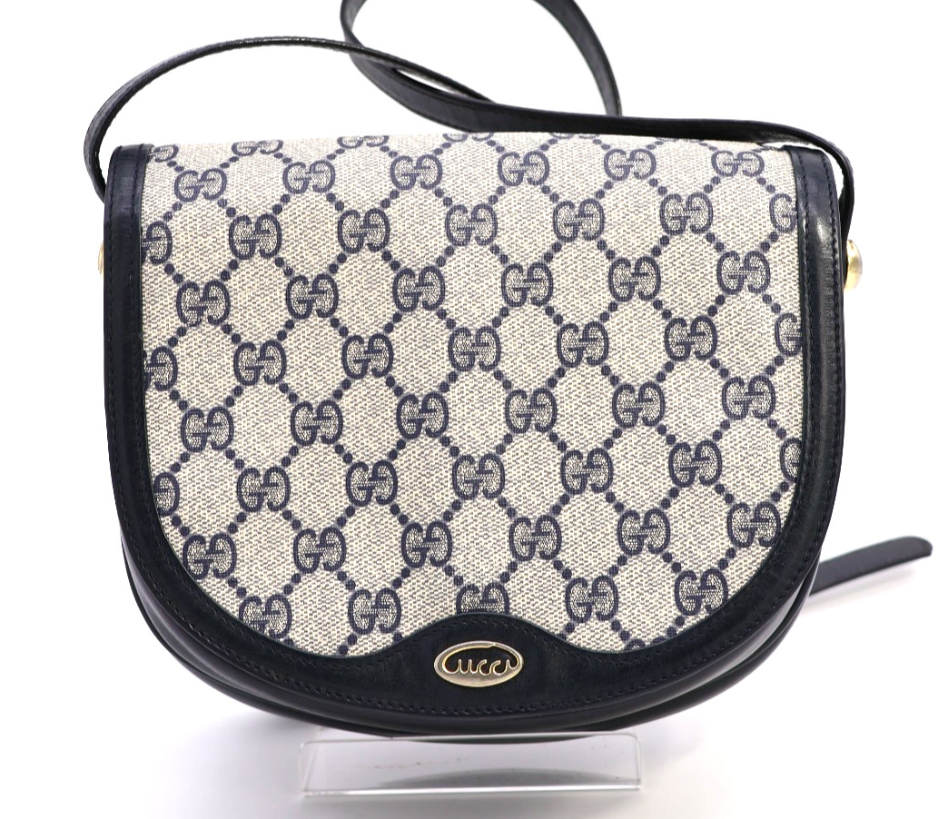 Gucci Vintage Bag Shoulder Bag Crossbody Purse GG Supreme Leather Navy Authentic thumbnail 3