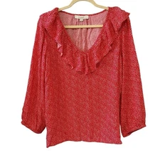 LOFT Medium Red White Heart Print Ruffle V-Neck Blouse