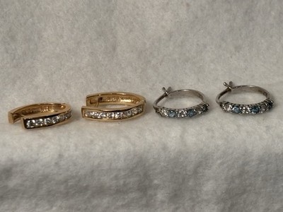Two Pair Sterling Silver Well Made Hoop Earrings With Rhinestones One Gold Plate