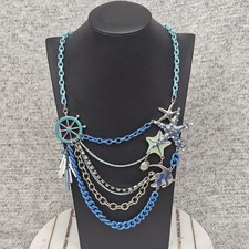 Layered Blue Sea Life Charm Necklace Starfish Wheel Beach Statement 26 in Silver