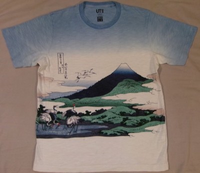 UNIQLO T SHIRT SzL HOKUSAI BLUE JAPAN MT FUJI CRANE