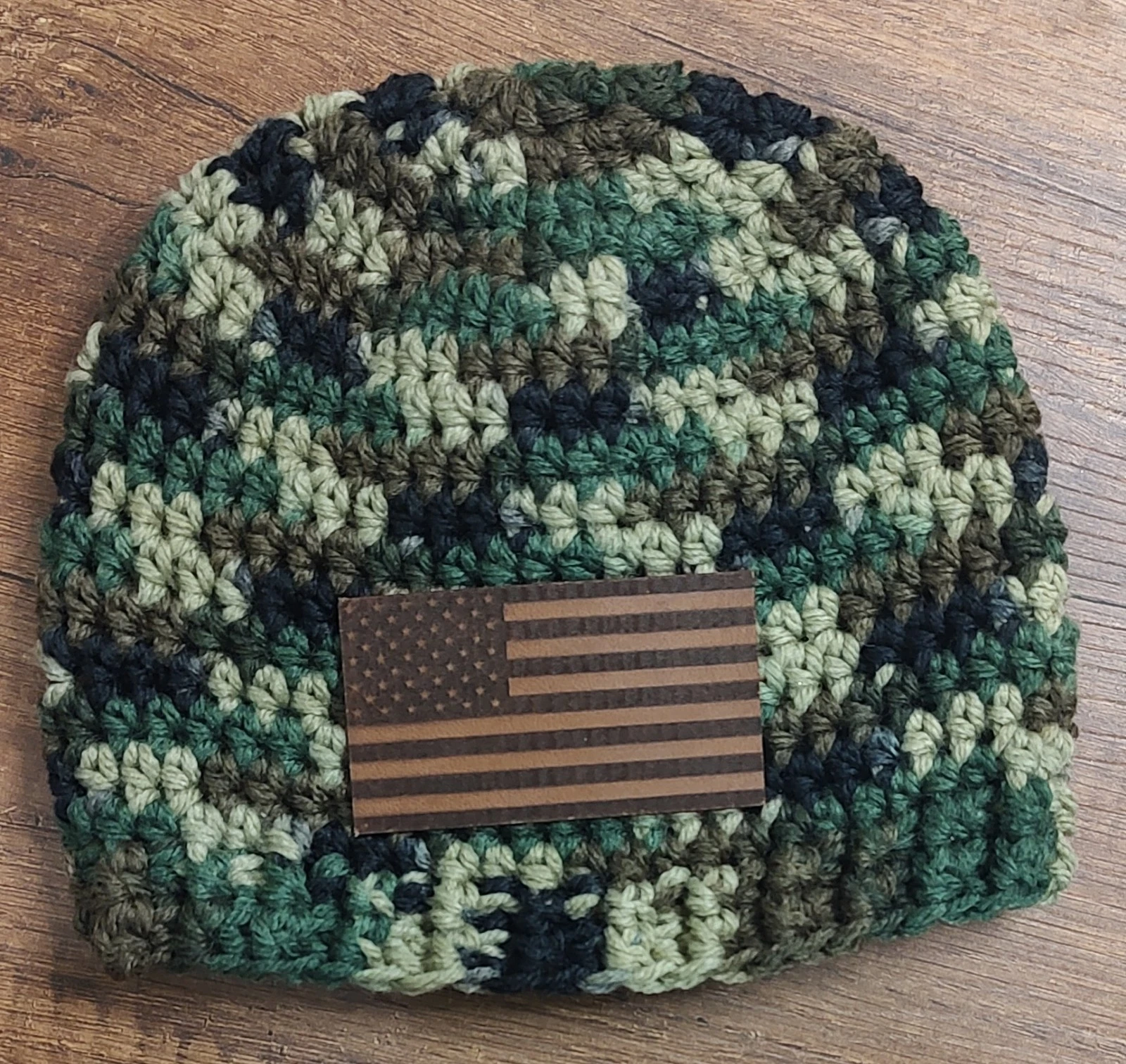 Handmade Crochet Camouflage American Flag Leather Patch Baby Hat Size 3m+ H19