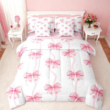Pink Bow Comforter Set 7 Piece Bed in a Bag Full,Girls Princess Style Bows Beddi
