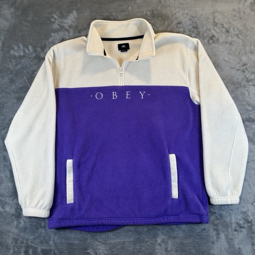 Obey Sweater Mens L Purple White Fleece Crew Neck 1/4 Zip Pullover Sweatshirt