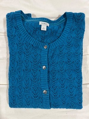 LLBean Fine Pointelle Cardigan Sweater - flag blue- size medium