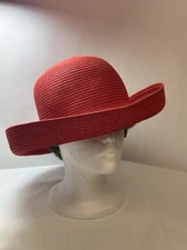 Betmar  New York 4” Rolled Brim Straw Red Hat society Boss 7”diameter