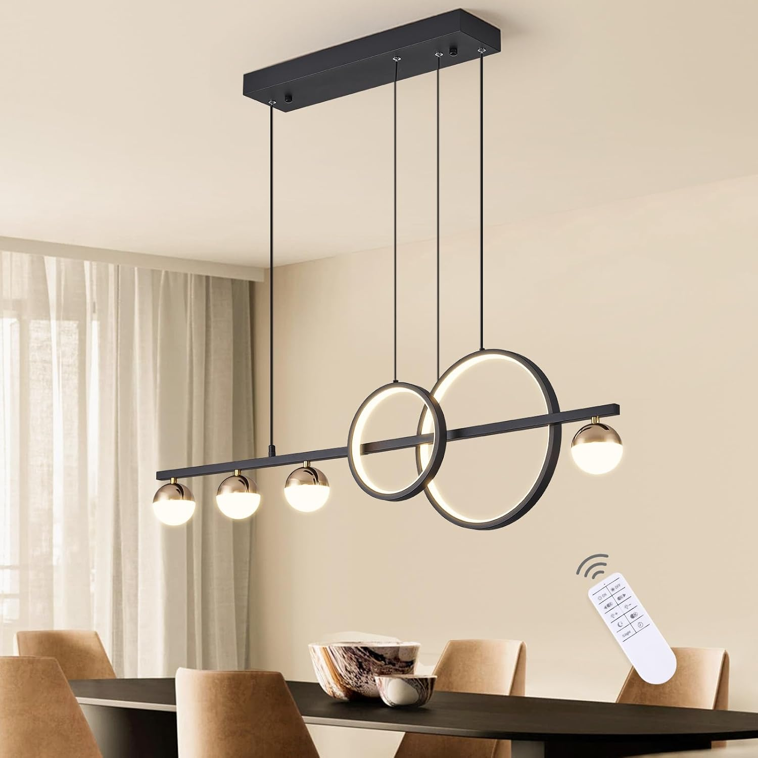 Chandelier Modern Black Gold LED, Dimmable Linear Pendant Light with Remote