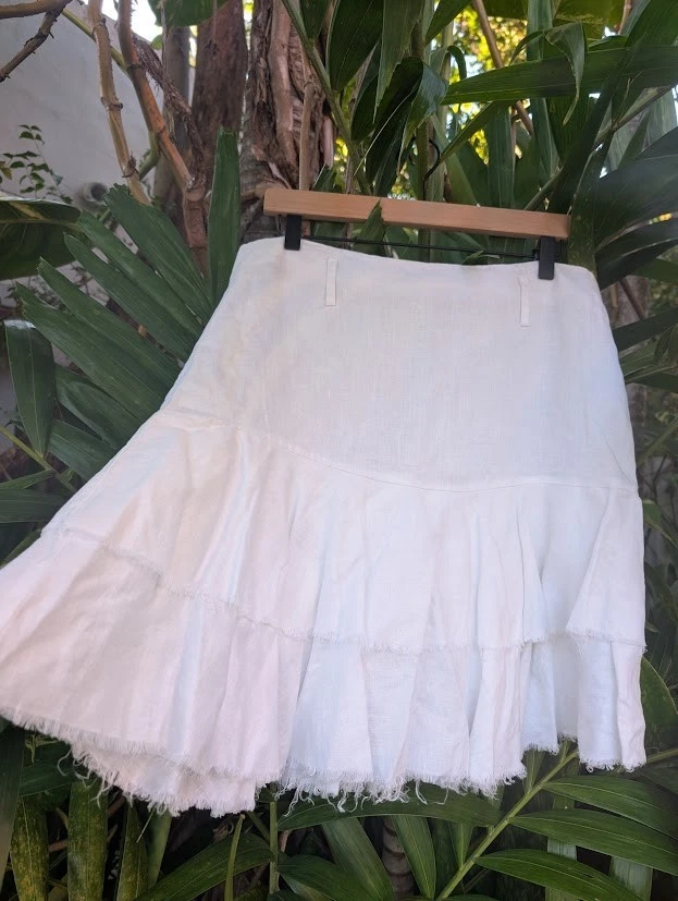 100% linen tiered midi skirt L white boho cottage core full fairy ethereal girly