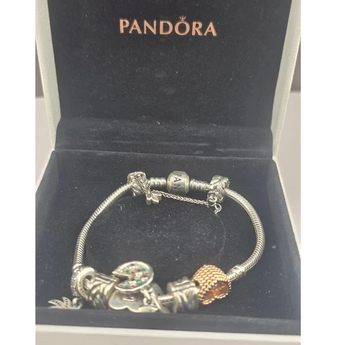 Pandora Charm Bracelet Sterling Silver Mom Heart Palm Tree Pizza Charms 6.75