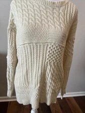 Women’s Cozy Co Sweater, Cream, Mixed Pattern Tie Back Medium Long Sleeve