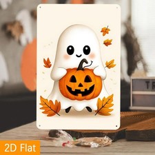 Halloween Metal Sign Funny Ghost Pumpkin Autumn Leaves Aluminum Sign 8x12
