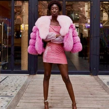 Fashion Women Pink Real Fox Fur Coats Winter Color Splicing Natural Fur Overcoat