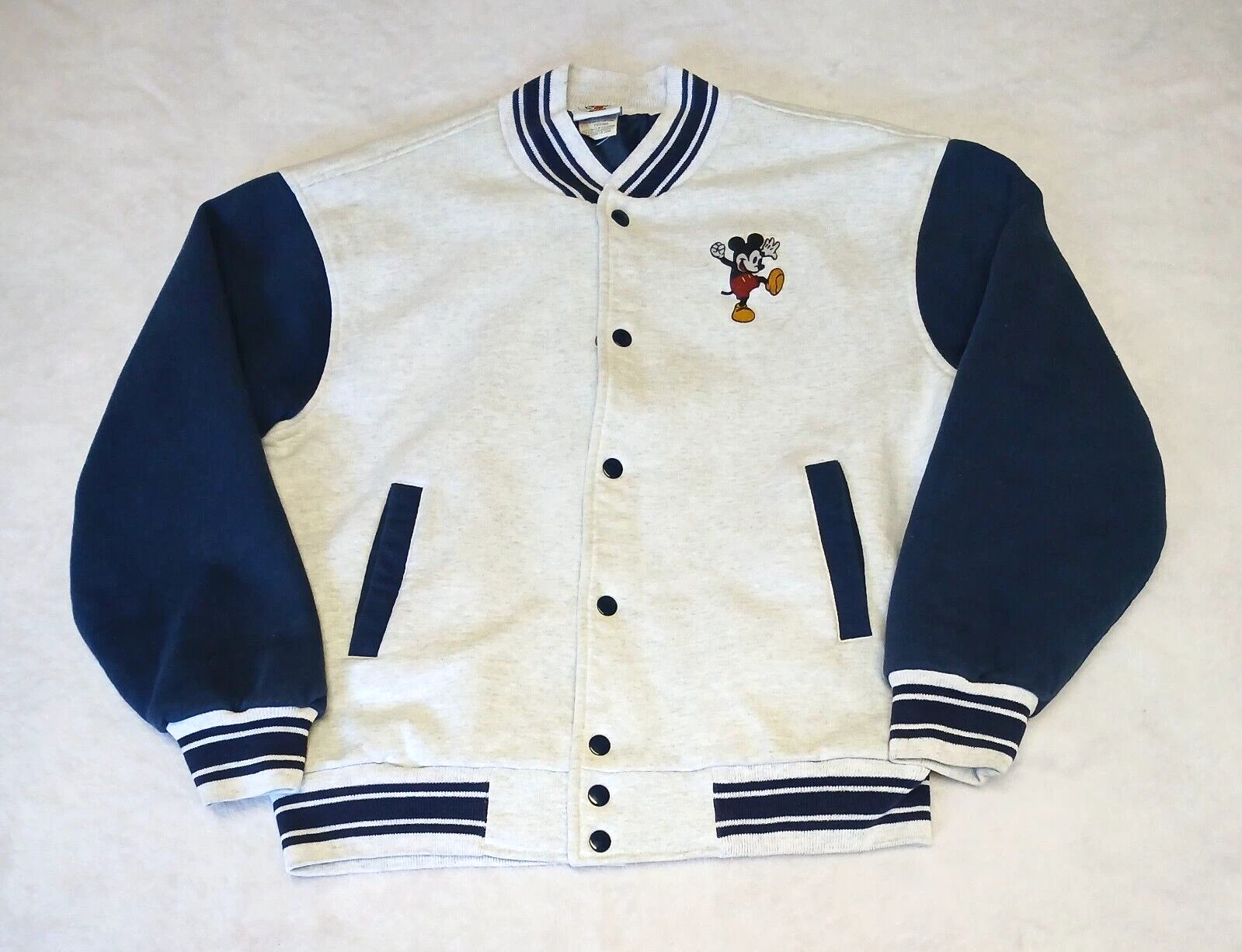 Vintage Mickey Mouse Jacket M 90s Snap Button Varsity Gray Blue Disney Cartoon