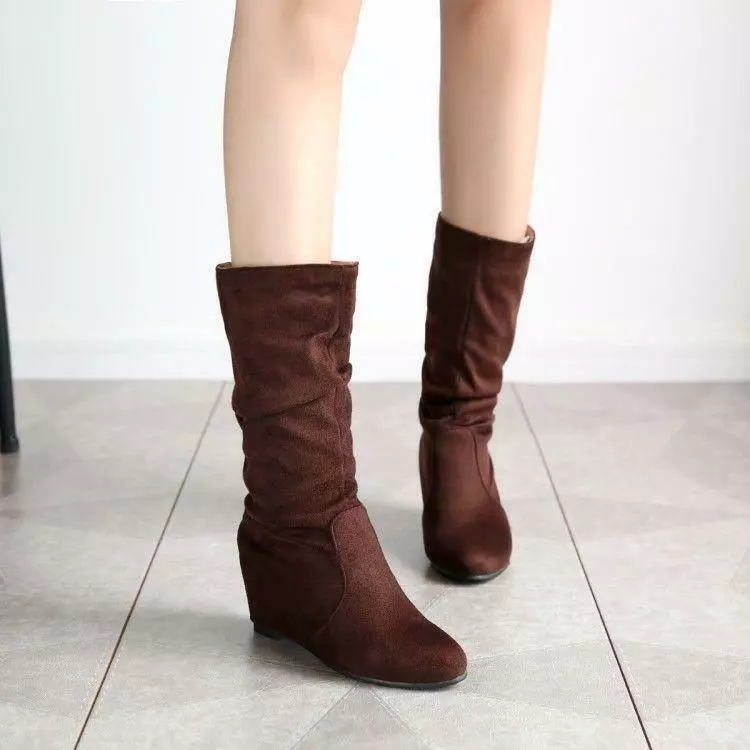 Hidden Wedge Heels Round Toe Faux Suede Mid Calf Boots Slouch Shoes Women New