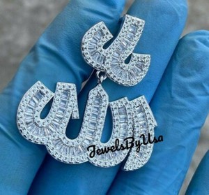 Authentic Men's Baguette Moissanite 3D Allah Charm Pendant 4CT White Gold Plated Silver