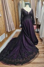 Lace Black Purple Wedding Dresses Gothic Long Sleeves A-line Bridal Gowns