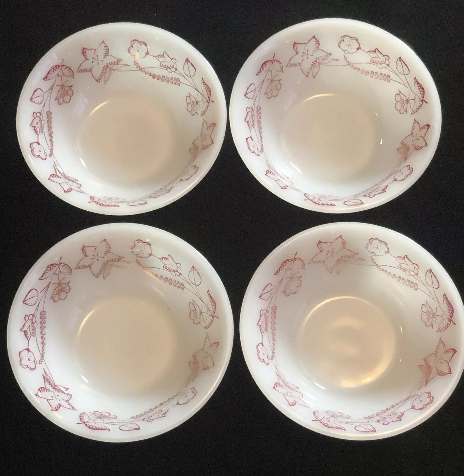 4 Federal White Milk Glass Berry Bowls Burgundy Floral Wildflowers Vintage EUC