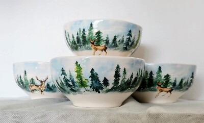 BICO Enchanted Deer Dreamscape Ceramic Soup Cereal Bowls Set of 4
