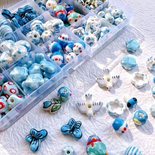 50Pcs Ceramic Flower & Animal Shaped Beads, Heart Star Shapes, Handmade Porcelai