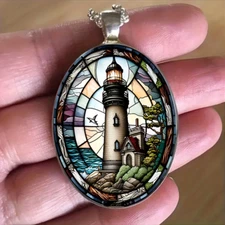 Lighthouse Oval Jewelry Vintage Silvery Elegant Night Tower Pendant Necklace B