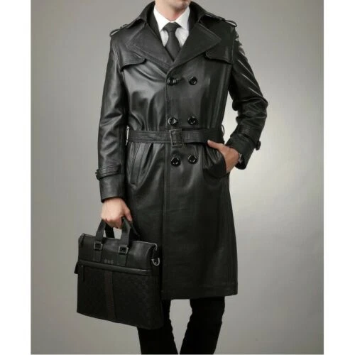 Luxury New Men's Black Leather Genuine Lamsbkin Trench Overcoat 3/4 Coat Jacket
