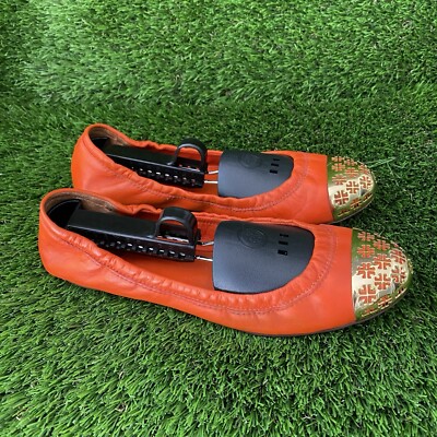 Tory Burch Cami Mestico Ballet Flats Women s Tiger Lily Orange Gold Toe Size 8.5