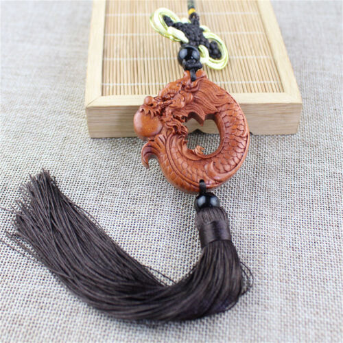 Wood Carving Chinese Dragon Statue Fengshui Sculpture Prayer Car Pendant Amulet - Picture 1 of 5