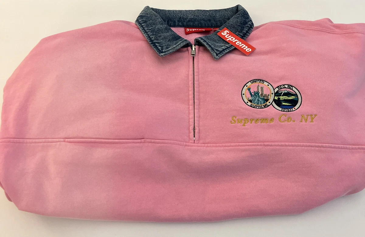 SUPREME DENIM COLLAR HALF ZIP SWEATSHIRT PINK SIZE LARGE AUTHENTIC/ SS23 WEEK 13
