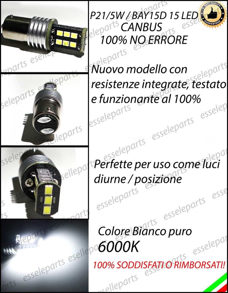 COPPIA LUCI DIURNE DRL 21 LED P21W BAY15D CANBUS, Per Fiat