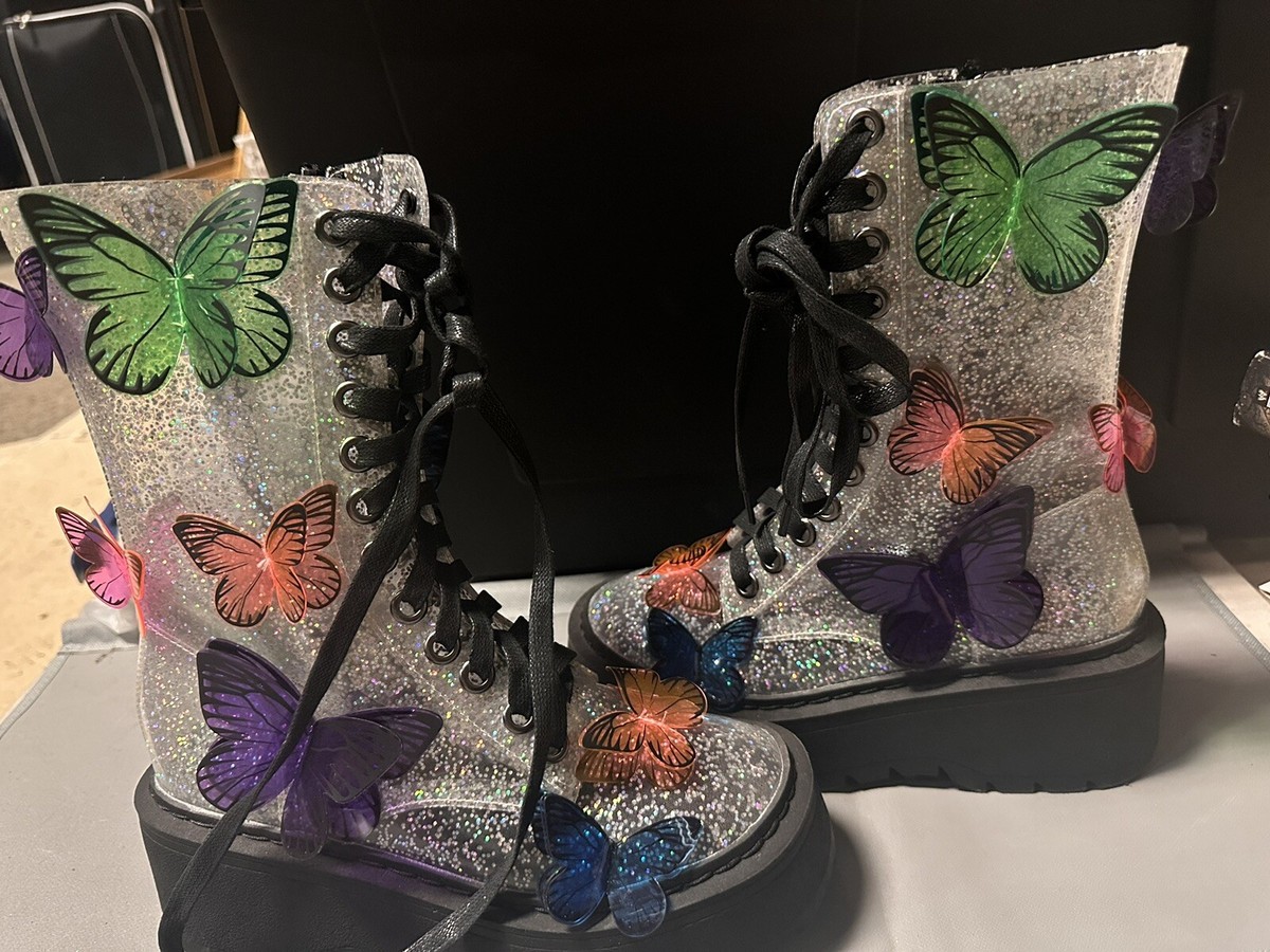 DOLLS KILL Jelly Silver Sparkle Combat Boots With Butterflies Size 6M