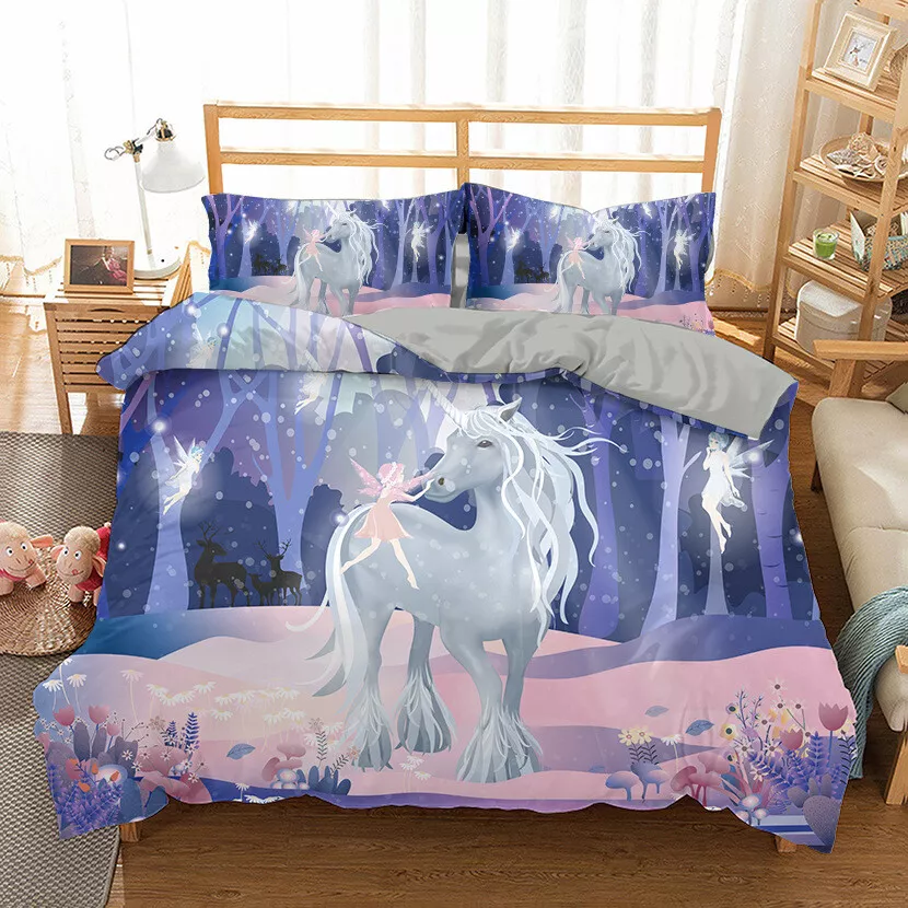 Fairy Forest Unicorn Duvet Quilt Cover Twin Queen Bedding Set Comforter Cover