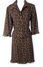 Vintage Patterned Matching Skirt  Top Set Size 10 Petite Black  Brown Chiffon 