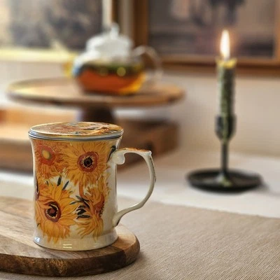 MARSSEUS Elegant Porcelain Tea Mug with Lid & Strainer “Sunflowers” by Van Gogh – 13 oz