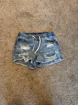 YMI Dream Fit High Rise Distressed Denim Jogger Shorts with Drawstring