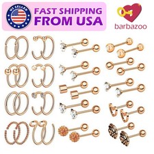 36PCS Surgical Steel Nose Ring Earring Set 16G Ear Stud 20G Nose Hoop Piercing