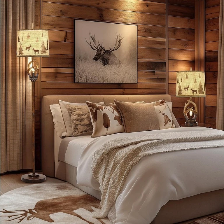 Lámpara de pie rústica con astas de granja acabado marrón luz nocturna pantalla redonda Foto 3 de 4