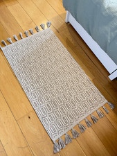 Beige & White Geometric Hand Woven Cotton Rug with Tassels 68 x 119cm
