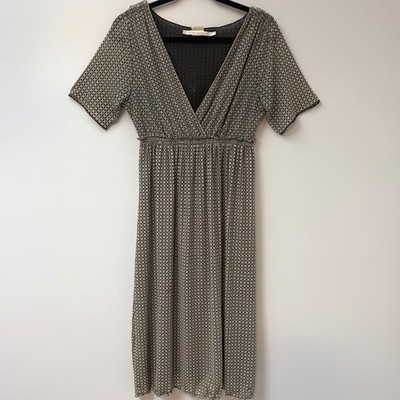 Max Studio Geometric Print V-Neck Empire Waist Midi Dress sz S Tan Green