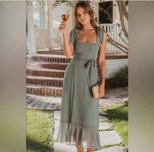 Show Me Your MuMu Sage Sleeveless Midi Bridesmaid Dress XS Ruffle Hem Tie Waist