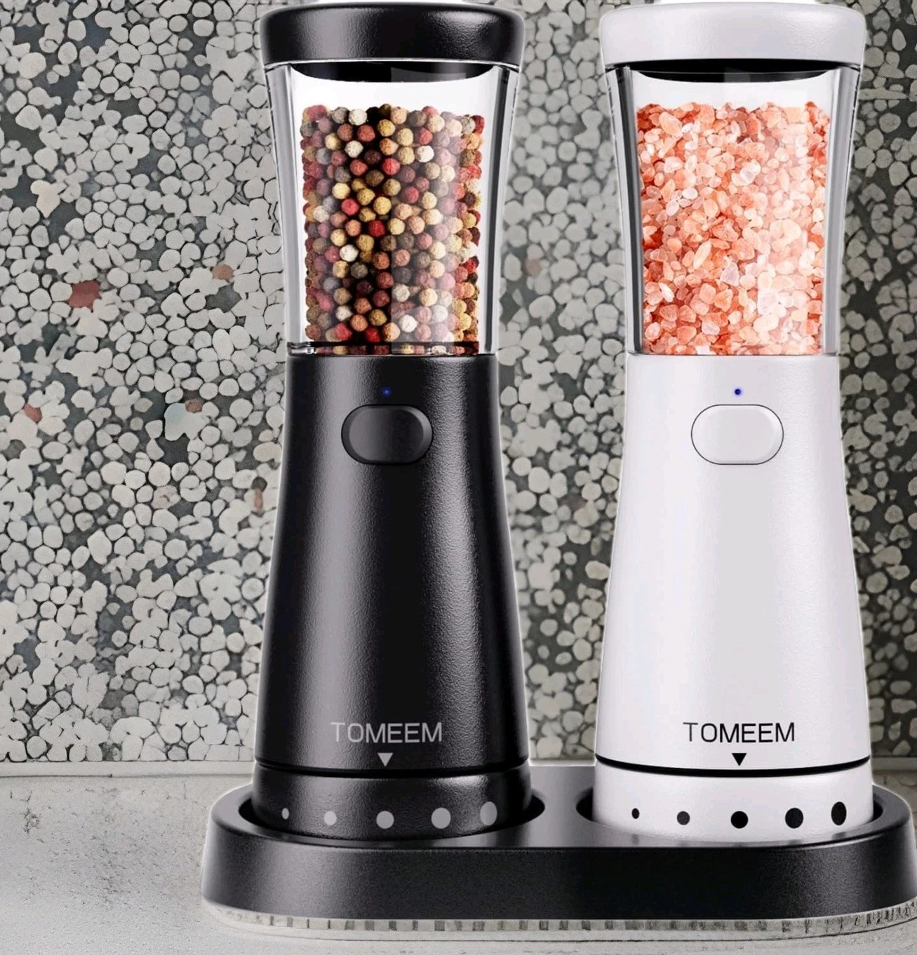 TOMEEM Electric Salt and Pepper Grinder Set with Storage Base, Black and White
