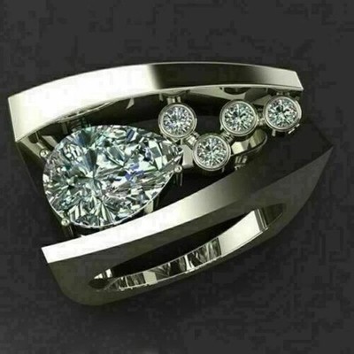 2Ct Pear Real Moissanite Men's Unique Wedding Ring 14K White Gold Silver Plated