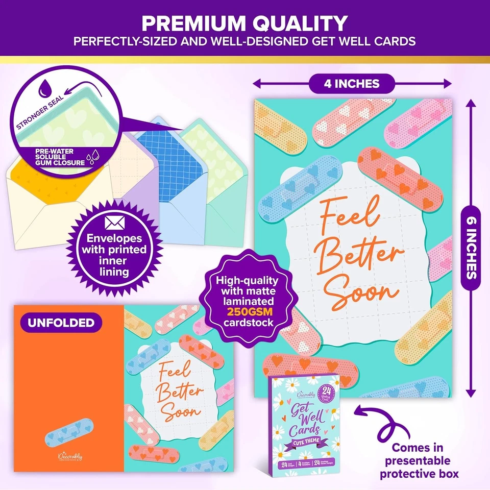 Paquete de 24 tarjetas lindas Get Well de 4X6 pulgadas caja surtida con sobres y pegatinas, 24 Foto 2 de 2