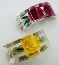 Vintage Reverse Carved Yellow Pink Roses Lucite Flower Hair Barrette Lot Of Two