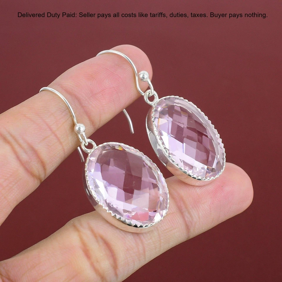 Pendientes colgantes/gotas de piedras preciosas de kuncita natural rosa joyería de plata de ley 925 Foto 4 de 4